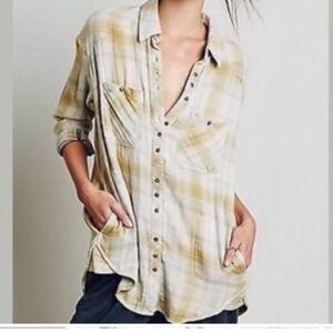 Free People Double Dip Flannel Shirt pockets yellow plaid Button Down size XS